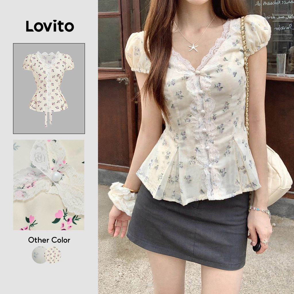 Lovito Phong cách thường ngày Áo sơ mi ren dễ thương có nút phía trước phù hợp cho mùa xuân/hè dành cho phụ nữ L154ED1015