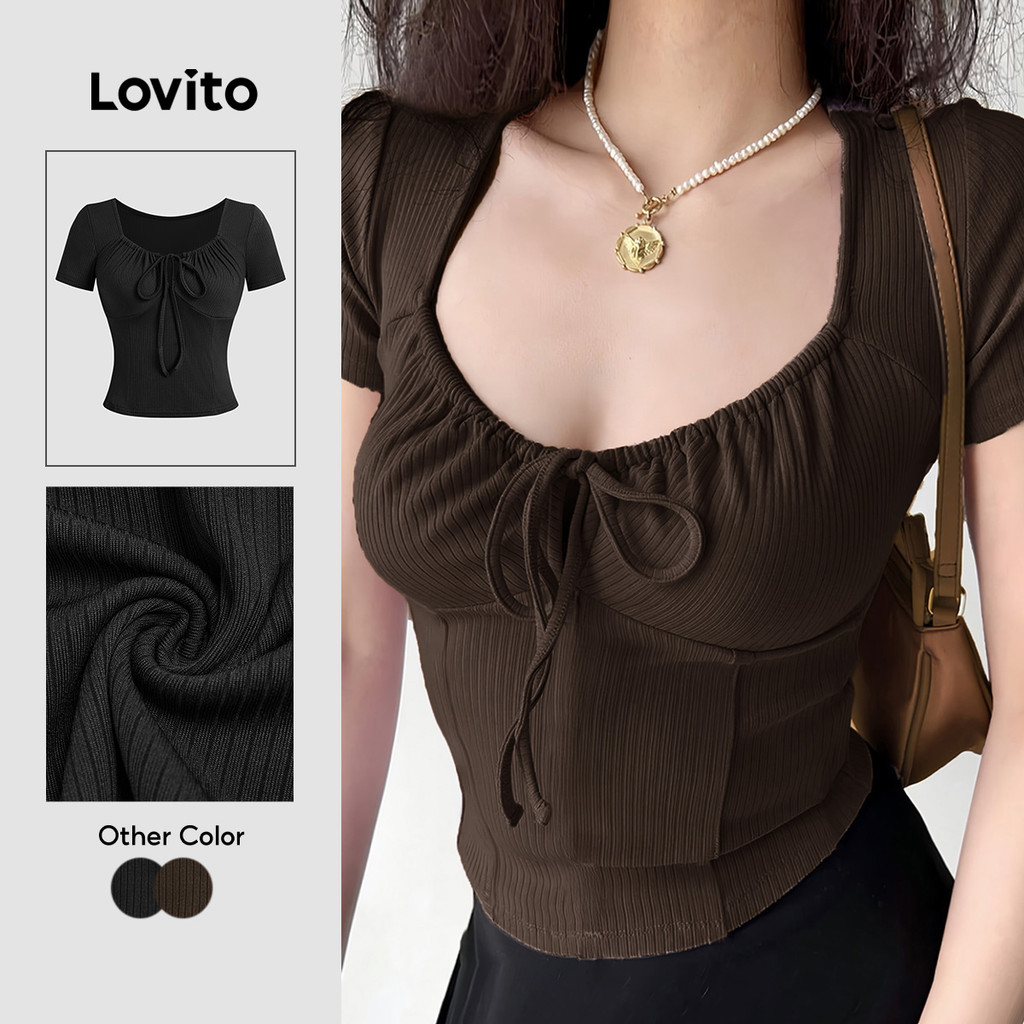 Áo thun Lovito màu nâu thắt nơ phía trước xếp ly chất liệu tốt phong cách thường ngày mùa xuân/hè L138ED170