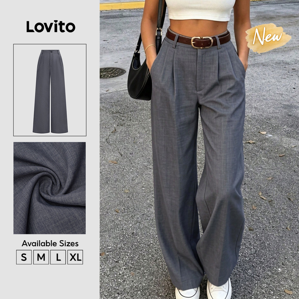 (New Arrival) Lovito Quần nữ màu xám Thanh lịch cạp Cao ống rộng khóa kéo và cúc phù hợp mùa xuân hè Phong cách thường ngày cuối tuần và công sở PTB39BR020