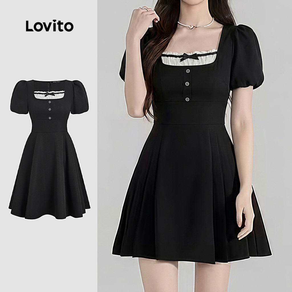 Lovito Đầm nơ xếp ly thanh lịch mùa xuân/hè màu đen trắng cho nữ L200AD045