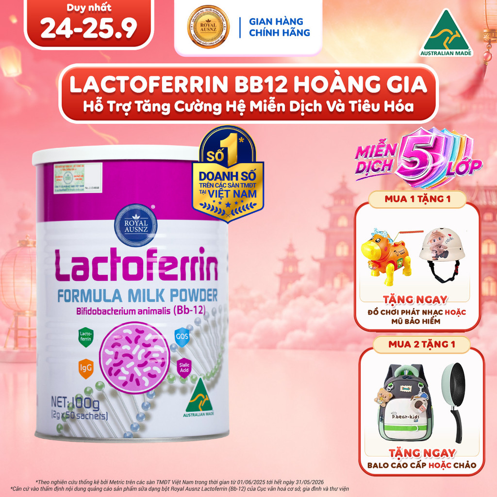 Lactoferrin Hoàng Gia ROYAL AUSNZ Lactoferrin Hồng BB12, Hỗ Trợ Tăng Đề Kháng, Miễn Dịch Cho Bé Hộp 100g