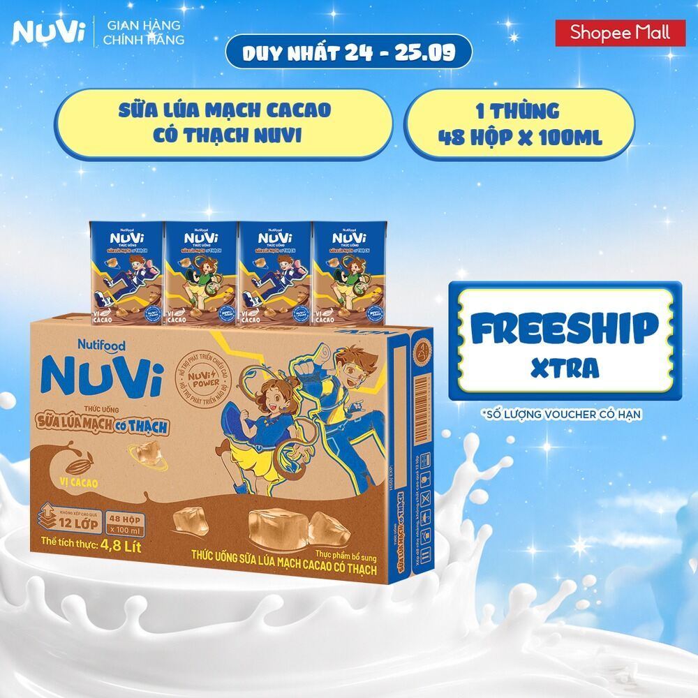 Thùng 48 Hộp Thức Uống Sữa Lúa Mạch Cacao Có Thạch NuVi 100ml