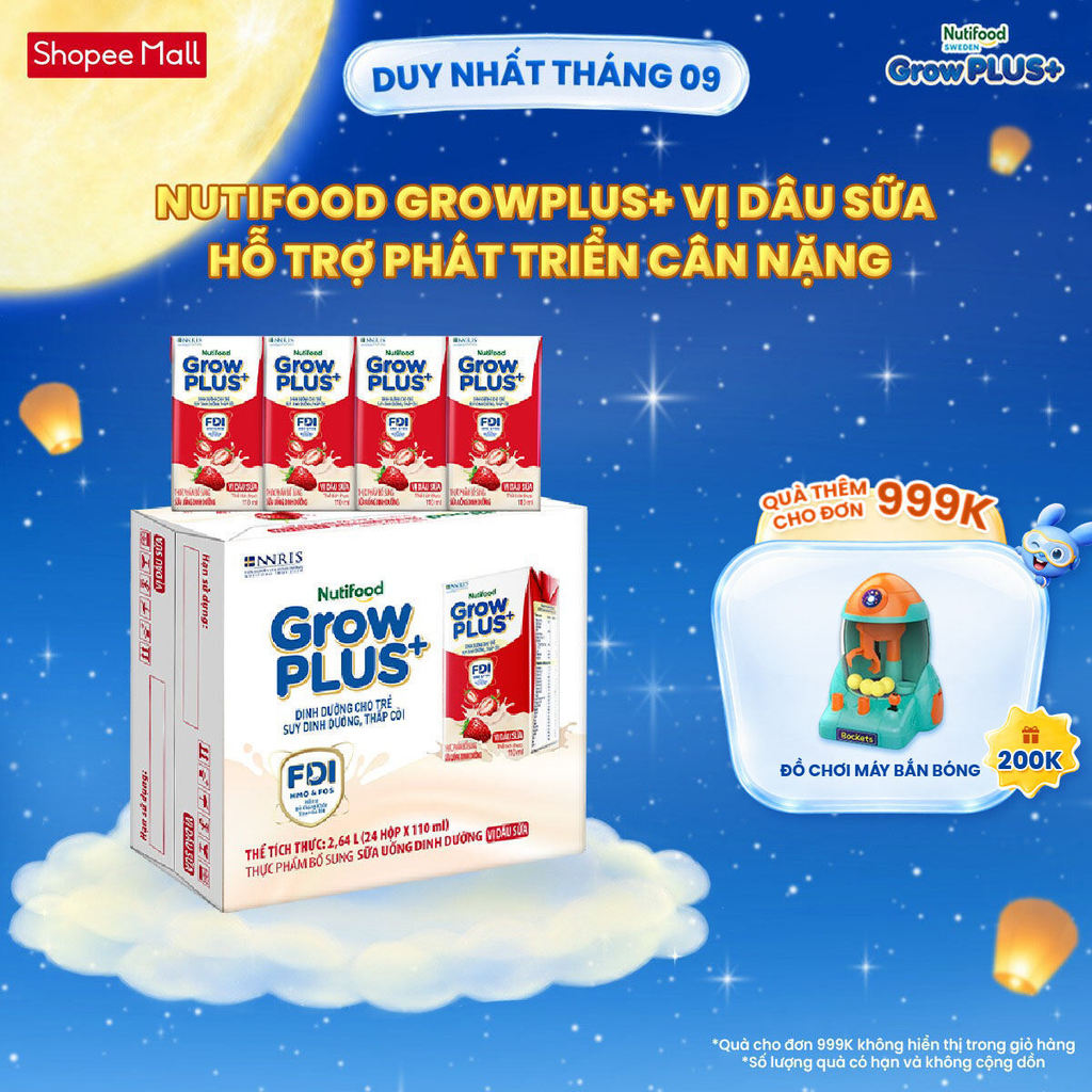 Thùng 24 hộp Sữa bột pha sẵn Nutifood GrowPLUS+ Vị Dâu hộp 110ml - Trên 1 tuổi (24 hộp x 110ml)