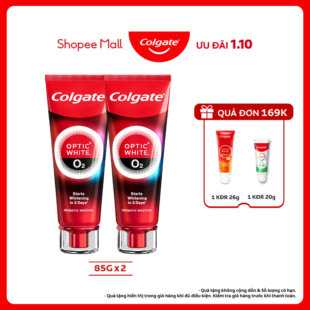 Bộ 2 Kem Đánh Răng Colgate trắng răng TRONG 3 NGÀY Optic White O2 với Oxy Hoạt Tính 85g/tuýp