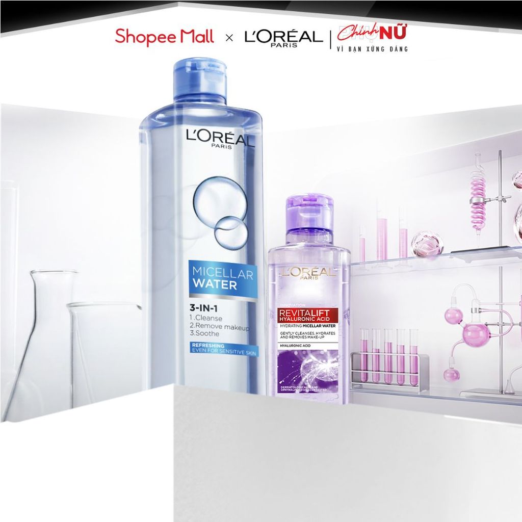 Bộ đôi nước tẩy trang giúp làm sạch sâu, loại bỏ bụi bẩn, lớp trang điểm 3-in-1 L'Oreal Paris Micellar Water 400ml, 95ml | BigBuy360 - bigbuy360.vn