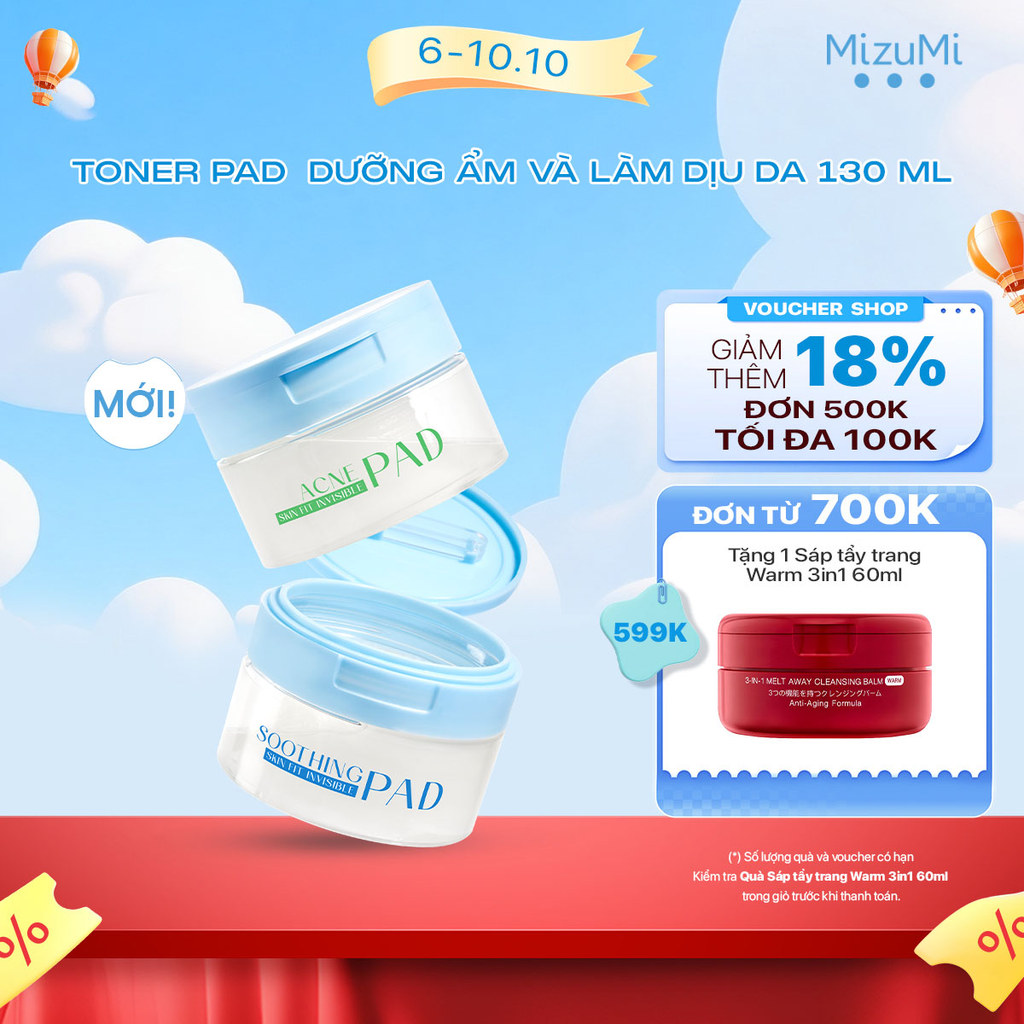 [MỚI] MizuMi Toner Pad Skin Fit Invisible Pad mỏng nhẹ dưỡng ẩm làm mát tức thì 130ml (80 pads)
