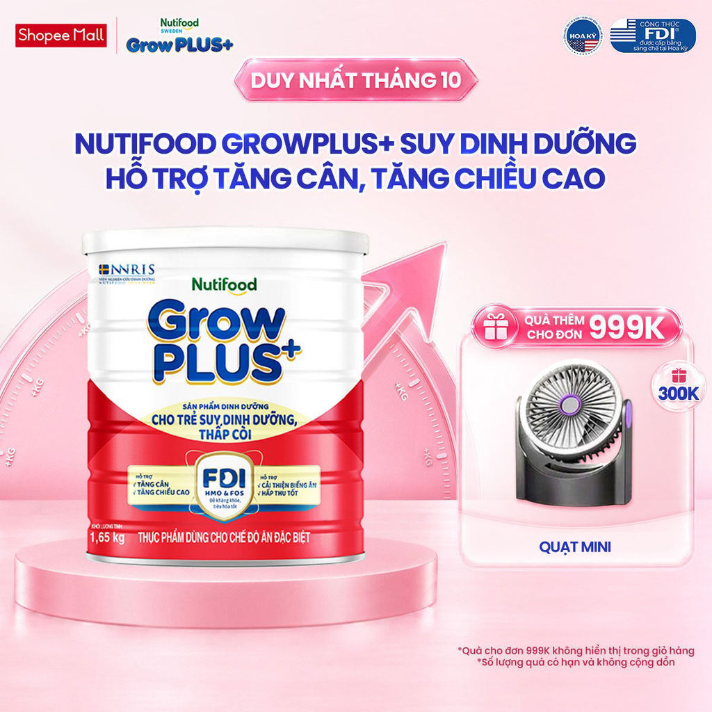 Sữa bột Nutifood GrowPLUS+ Suy Dinh Dưỡng (Đỏ) 1+ - Tăng Cân, Tăng Chiều Cao (Lon 1,65 Kg)