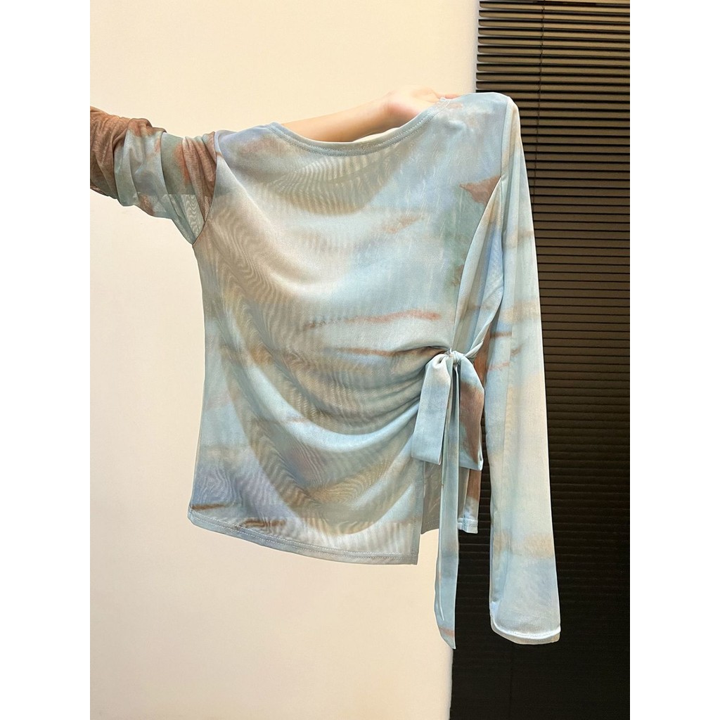 Milyfashion Tie-Dye In viền không đều dài tay gạc Top mỏng xuyên thấu Sunscre