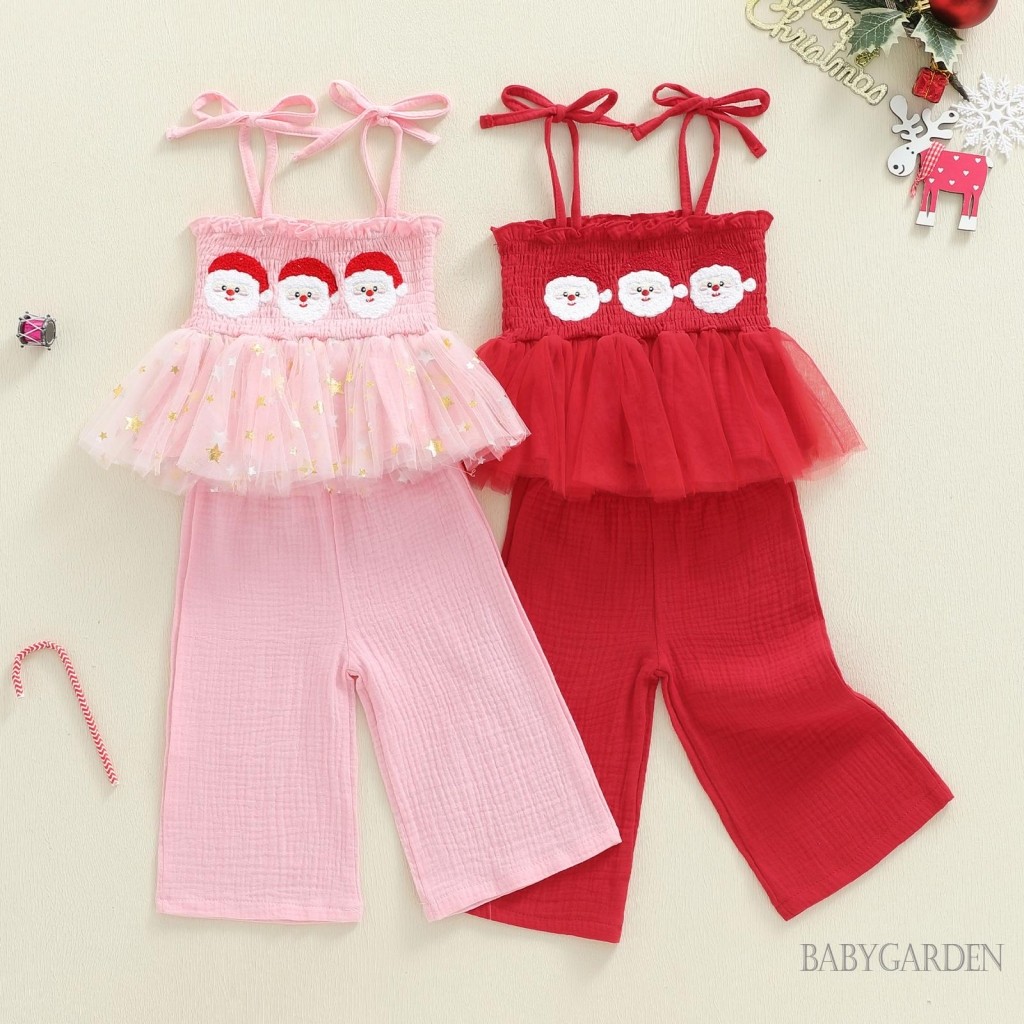 6M-7Y Trẻ Em Bé Gái Trang Phục Giáng Sinh Ông Già Noel Thêu Không Tay Thắt Lưng + Quần Co Giãn