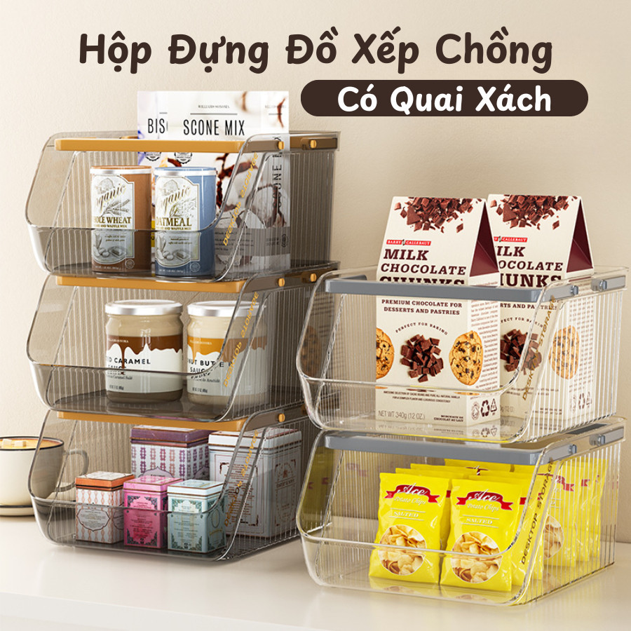 Hộp Đựng Đồ Đa Năng Xếp Chồng, Kệ Xếp Bình Sữa, Mỹ Phẩm Có Quai Cầm Nhựa PP Cứng Cáp