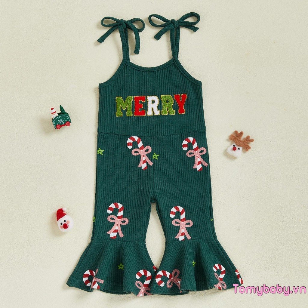Bộ áo liền quần Giáng sinh cho bé gái Dây buộc không tay Dây đeo Candy Cane In áo liền quần