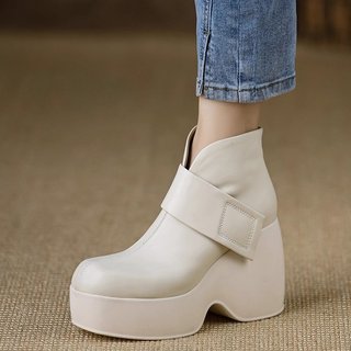 Giày Bốt Ngắn Nữ Ngón Tròn Dày Gót Chống Thấm Nước Nền Tảng Velcro Bên Dây Kéo Thời Trang