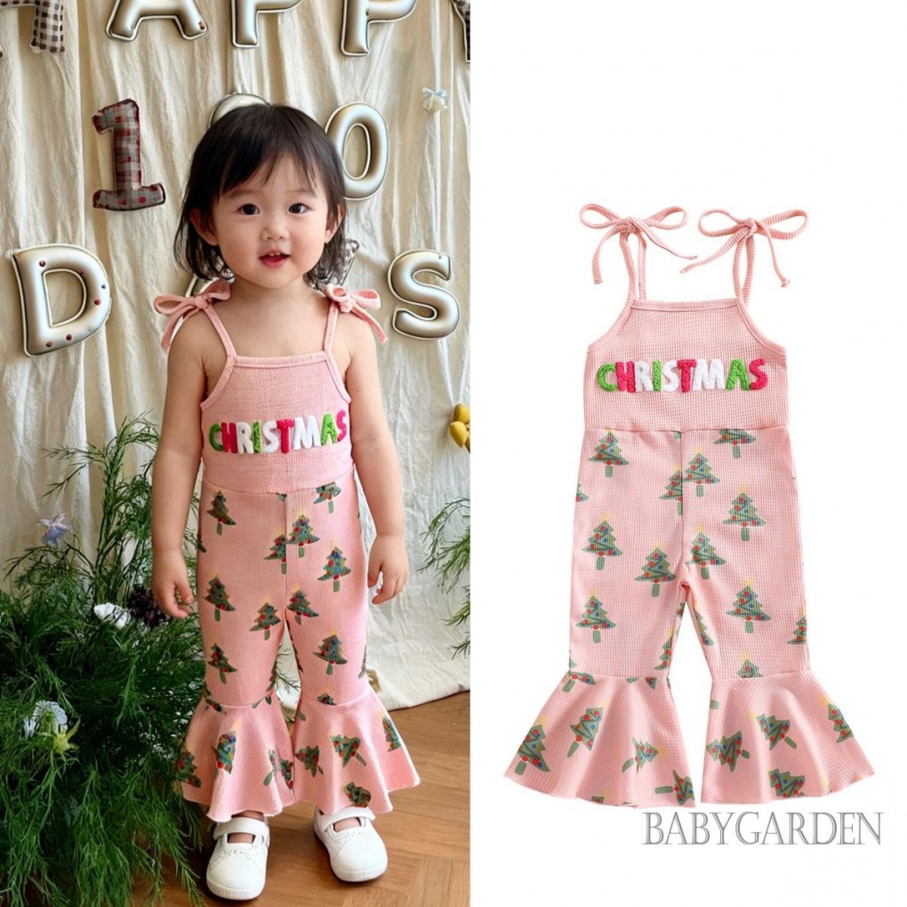 1-5 tuổi Trẻ Em Bé Gái Áo liền quần In Cây Giáng Sinh Spaghetti Dây Đeo Chuông Đáy Quần Áo