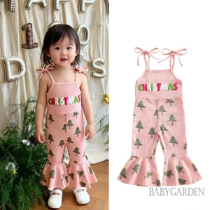 1-5 tuổi Trẻ Em Bé Gái Áo liền quần In Cây Giáng Sinh Spaghetti Dây Đeo Chuông Đáy Quần Áo