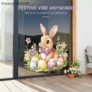 {AKIN} Thỏ Phục Sinh Có Thể Tháo Rời Cửa Sổ Đề Can PVC Chống Thấm Nước Có Hoa Để Trang Trí Kính Gia Đình {a}