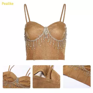 Pealike Nữ Spaghetti Dây Đeo Corset Camisole Cho Kim Cương Giả Viền Tua Rua Chắp Vá Crop Kim Loại Shimmer Club Sling