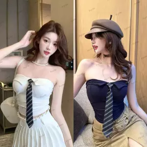 Áo cổ PYCOU Muỗng, Chi tiết dây buộc Áo ống đệm tích hợp, Spice Girl Màu trơn Phong cách ngọt ngào Áo Vest gợi cảm mặc theo mùa