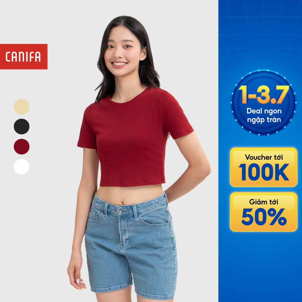 Áo phông nữ CANIFA áo thun cộc tay cổ tròn dáng croptop chất cotton mềm mịn 6TS26S006