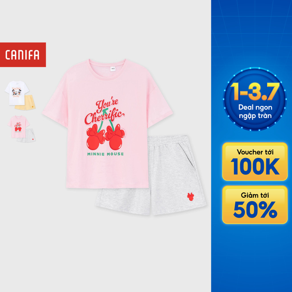 Bộ quần áo nữ CANIFA áo thun cộc tay in họa tiết quần short dày dặn 6LS26S002