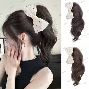 Kẹp tóc giả PYCOU, Kẹp tóc xoăn gợn sóng màu trắng chấm bi bướm, Mũ nón kẹp tóc giả có thể tháo rời