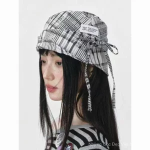 Mũ Nơ Kẻ Sọc Đường Phố Nữ Xuân Thu Hè Phiên Bản Hàn Quốc Phong Cách Nhật Bản Mặt Phù Hợp Với Mũ Xô Baotou Nhỏ