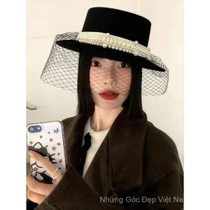 Phong Cách Mới Pháp Hepburn Flat Top Gạc Top Mũ Lưới Webbing Ngọc Trai Tạo Kiểu Ảnh Sản Xuất