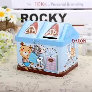 DARON House Shape Piggy Bank, Hộp đựng tiền xu ngôi nhà dễ thương sáng tạo, Hộp tiền tệ Kim loại có khóa chìa khóa Hộp lưu trữ an toàn tại nhà