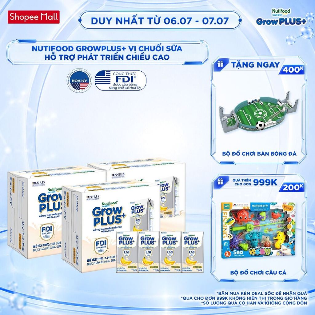 Combo 3 Thùng 24 hộp Sữa bột pha sẵn Nutifood Sweden GrowPLUS+ Vị Chuối Sữa hộp 110ml Trên 1 tuổi
