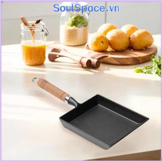 Chảo gang SOULSPACE Tamagoyaki tay cầm gỗ chống dính hình chữ nhật, dụng cụ nấu ăn trứng Nhật