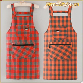 Tạp dề làm việc đầu bếp MONOSTYLE, Tạp dề nhà bếp in hình ca rô có khóa kéo, Tạp dề nấu ăn đa năng bằng vải Cotton chống bẩn Vệ sinh gia đình