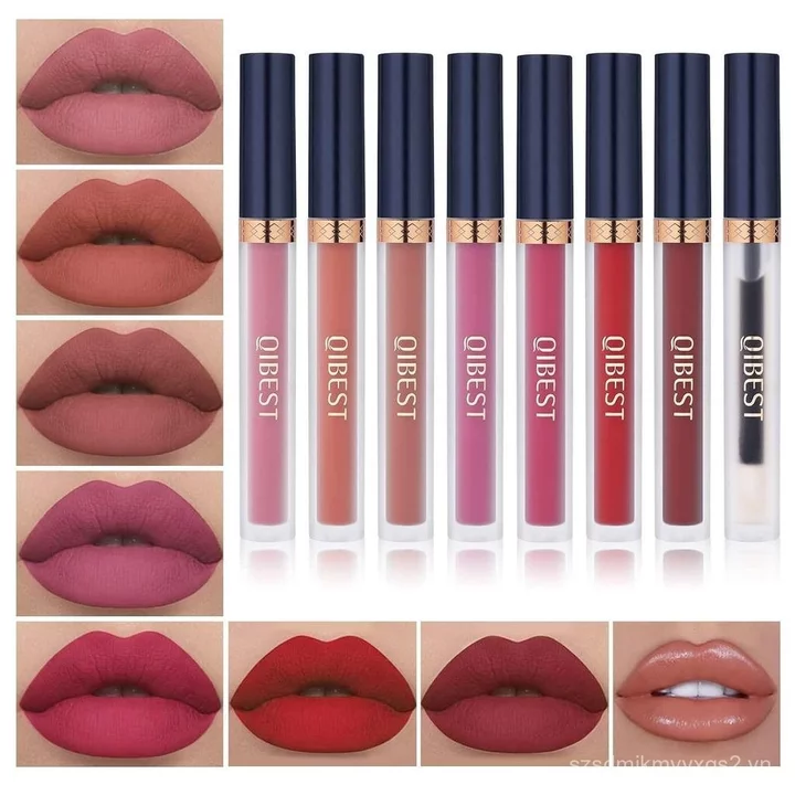 QiBest 7 Chiếc Son Môi Lỏng Mờ + 1 Bộ Trang Điểm Lip Plumper, Bộ Son Bóng Sắc Tố Lâu Dài, Bộ Trang Điểm Môi Halloween Chống Thấm Nước Nhung Bộ Quà Tặng Ngày Lễ Tình Nhân Cho Bé Gái