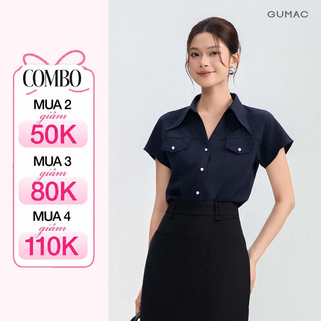 Áo Sơ Mi Nữ Tay Ngắn GUMAC Form Suông Lá Cổ Nhọn Chất Lụa Thái Rũ Mềm Mại Thoáng Mát AG05013