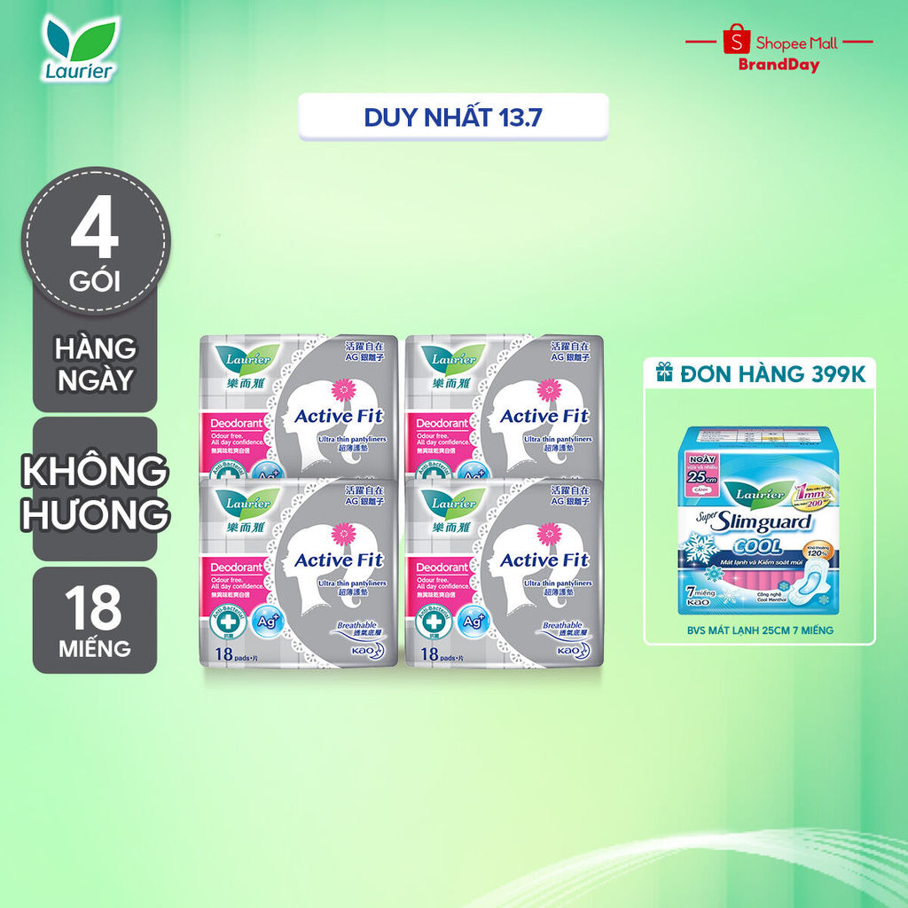 Combo 4 Băng vệ sinh hàng ngày Laurier Active Fit khử mùi kháng khuẩn 18 miếng