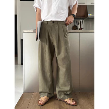quần tây nam ống rộng quần tây nam Quần dài linen xanh rằn ri nam dáng rộng, ống suông, chất liệu cotton linen cao cấp, phong cách công sở trẻ trung