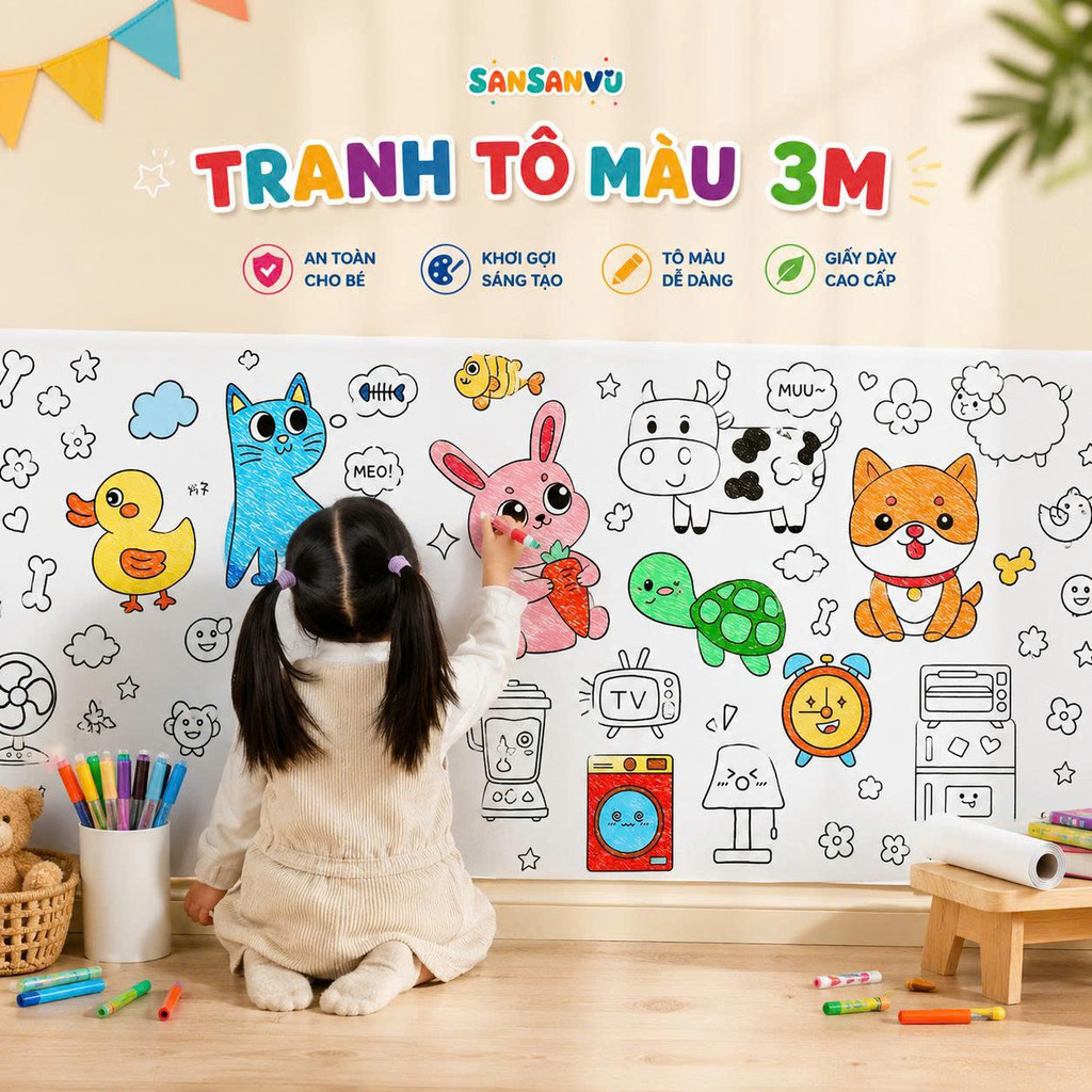 [LOẠI 3M ĐẸP] Tranh tập tô màu dán tường cho bé, có thể cắt hình , keo đặc biệt có sẵn mặt sau