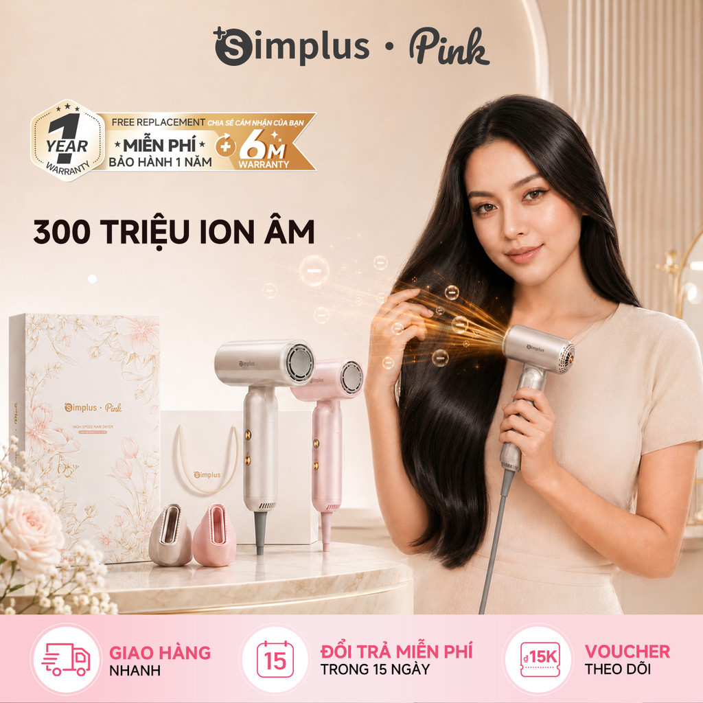 Simplus Pink Máy sáy tóc gấp gọn tiện lợi Hyper Pocket 8 chế độ sấy khô 300 triệu ion âm CFJH012