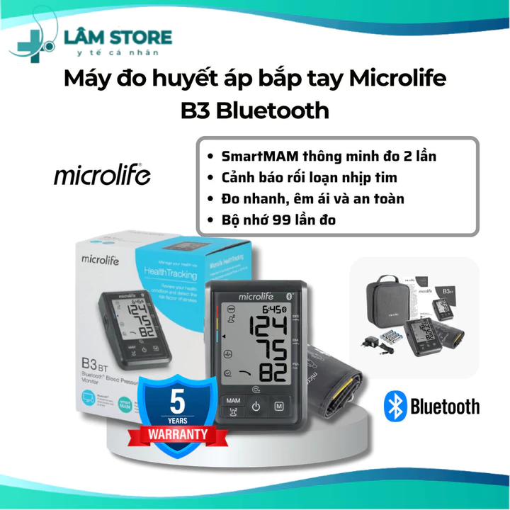 Máy đo huyết áp MICROLIFE B3 Bluetooth (BT) cho người dùng lựa chọn đo 1 lần hoặc đo 2 lần
