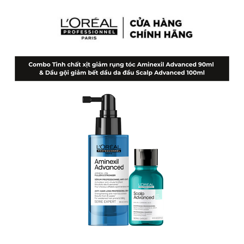 Combo Tinh chất xịt giảm rụng tóc  Aminexil Advanced 90ml & Dầu gội giảm bết dầu da đầu Scalp Advanced 100ml