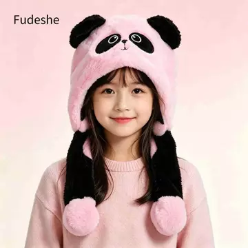 Mũ lưỡi trai sang trọng FUDESHE Panda, Mũ tai di chuyển dày 5-12 tuổi, Mũ lưỡi trai dễ thương bằng vải Polyester mùa đông Mũ lưỡi trai chơi ngoài trời