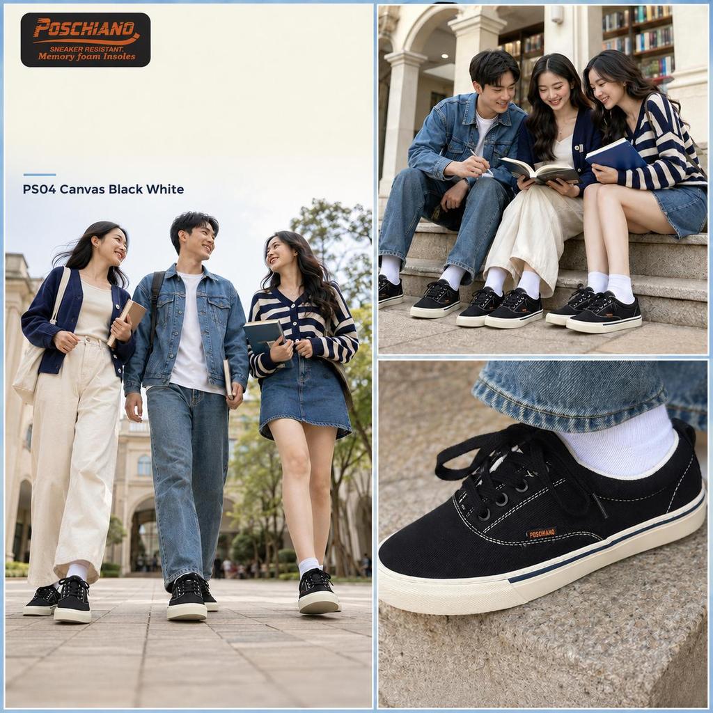 [PS04 Canvas Black White] Giày Sneaker - Poschiano - NAM - NỮ Chống trơn trượt  - Vải Canvas Cao Cấp - Đế Cao Su Crepe  | BigBuy360 - bigbuy360.vn