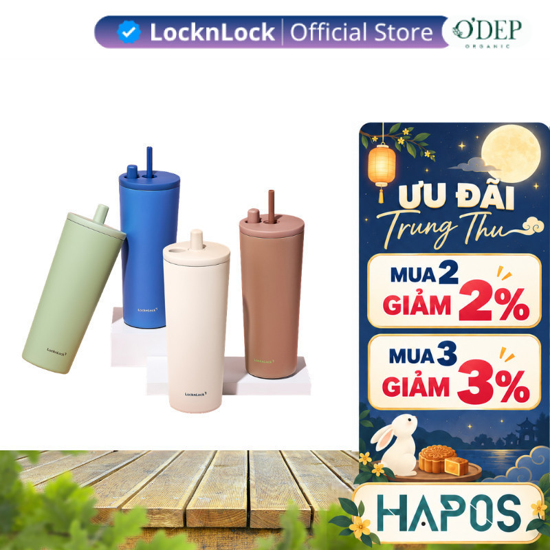 Bình giữ nhiệt LocknLock Pop Up Straw Ceramic Tumbler LHC4156 740ml, phủ sứ kèm ống hút - HAPOS LSA