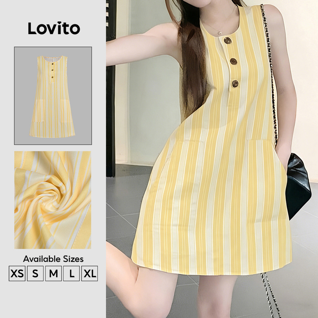 Lovito Đầm vàng mùa xuân hè với họa tiết nút túi phong cách thường ngày cho nữ L196ED659