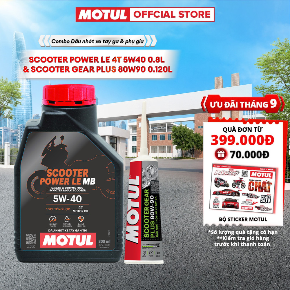 Combo Dầu nhớt xe tay ga Motul Scooter Power LE 4T 5W40 0.8L và Dầu hộp số xe tay ga SCOOTER GEAR PLUS 80W90 0.120L