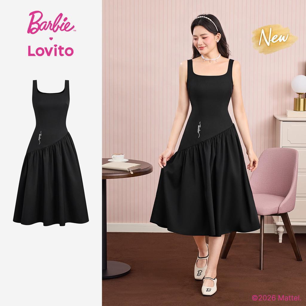(New Arrival) Barbie™ X Lovito Váy liền nữ màu đen không đều đặn mùa xuân/hè thêu DRBL6PAD017