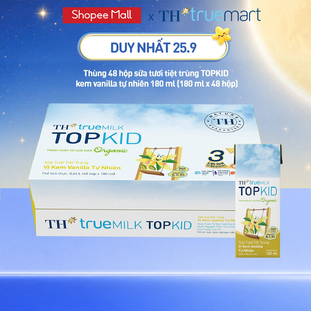 Thùng 48 hộp sữa tươi tiệt trùng TOPKID kem vanilla tự nhiên TH true MILK 180ml