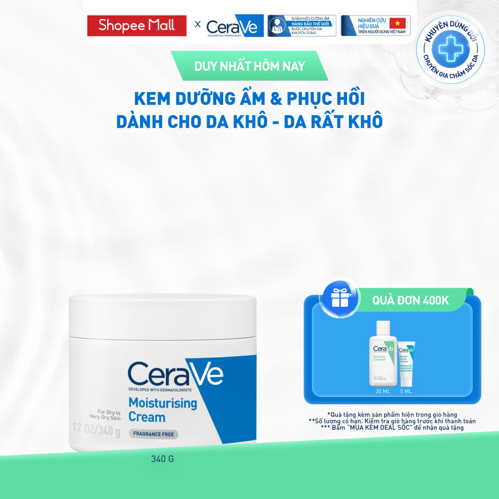 Kem dưỡng ẩm phục hồi sâu và ẩm mịn suốt 48H dành cho da khô, duy trì hàng rào bảo vệ da CERAVE MOISTURISING CREAM 340G