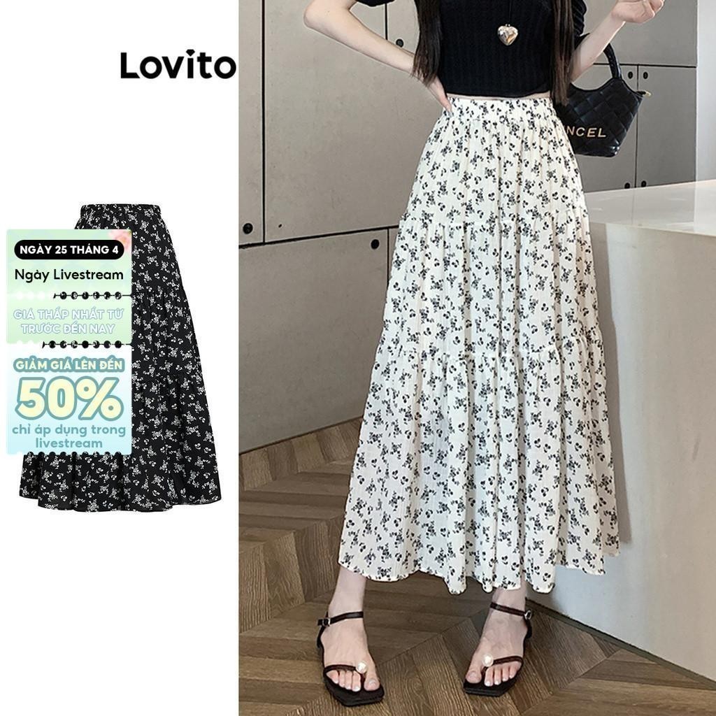 [Mã FAPANT1406 giảm đến 30k đơn từ 99k] Chân váy Lovito Kỳ nghỉ xòe dài họa tiết hoa nhí cho nữ LNE17088 (màu trắng)