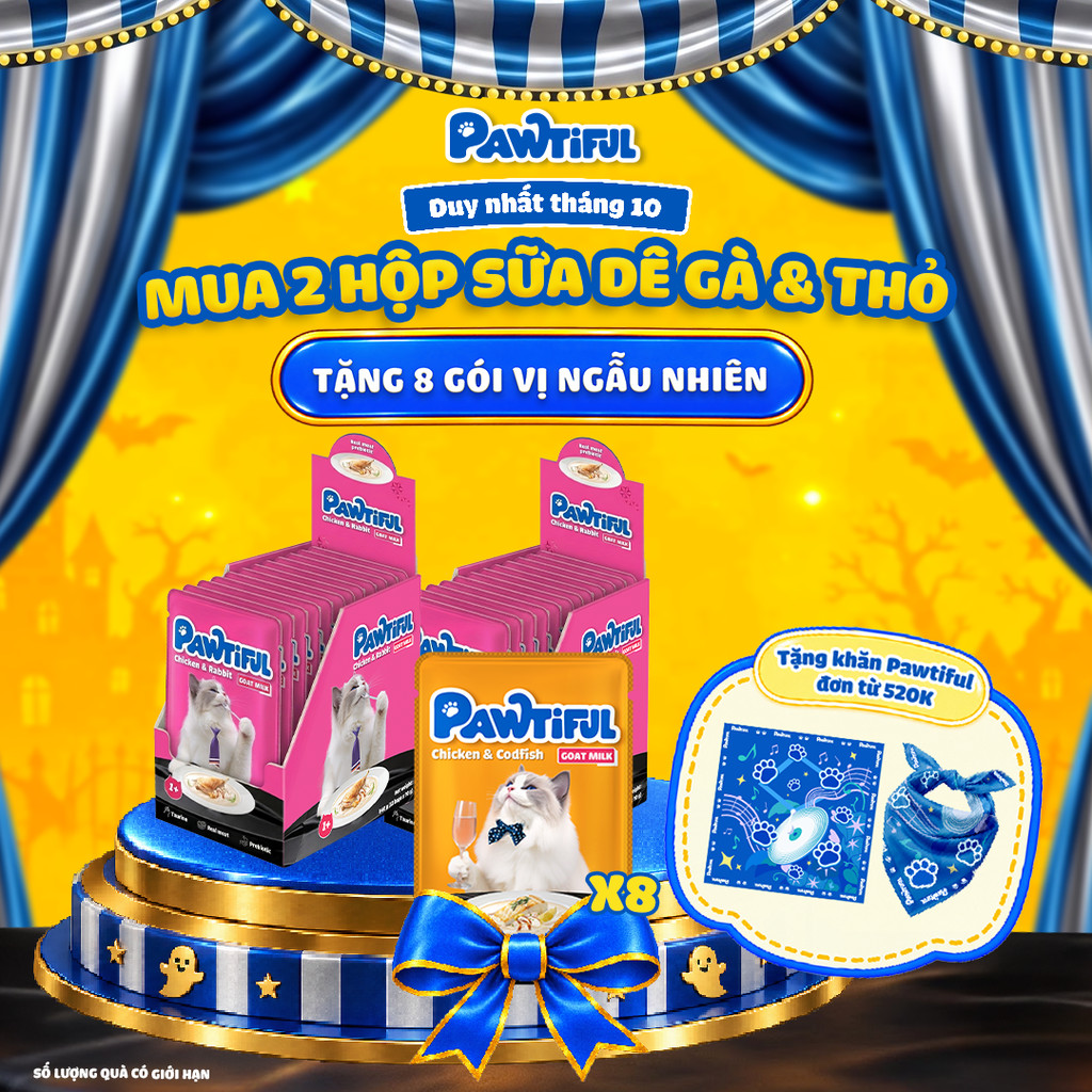 [MUA 2 HỘP TẶNG 8 GÓI] 2 Hộp Pate Pawtiful cho mèo dạng Sữa dê vị Gà & thỏ 2hộp x12túi x70g