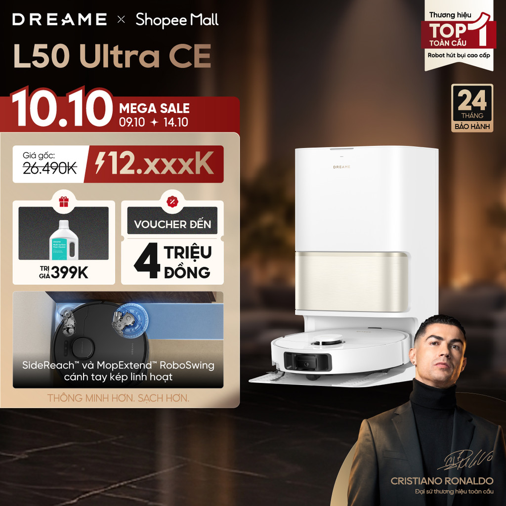 Dreame L50 Ultra CE Robot hút bụi thông minh | lực hút 25.000Pa | tự giặt giẻ nước nóng 80°C | BH 24 tháng