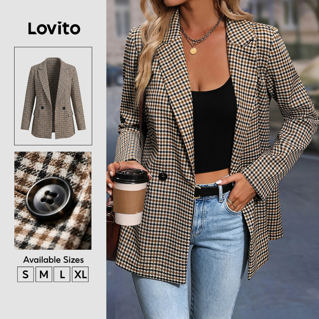 (New Arrival) Lovito Blazer Nữ Kẻ Ô Thanh Lịch Tay Dài Cổ Khía Cài Nút Đi Làm Mùa Xuân Hè Công Sở Cuối Tuần Casual Khaki BZK9BR178